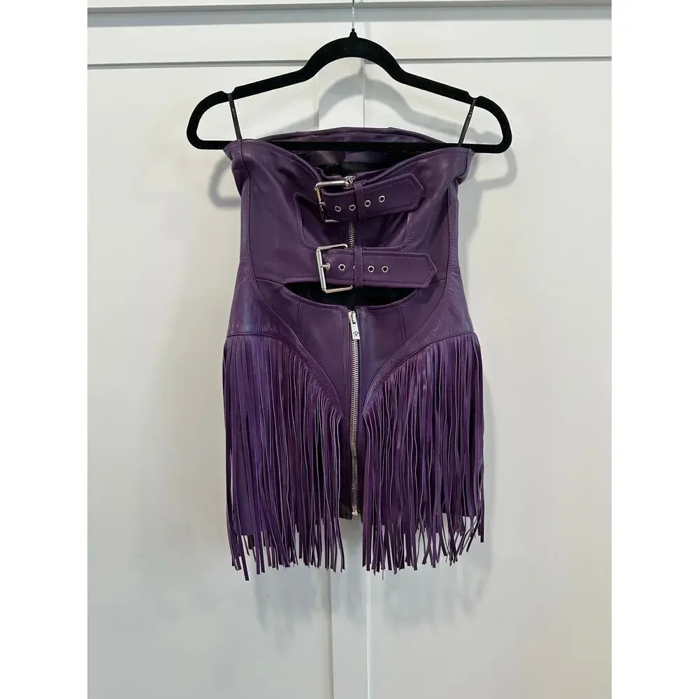 Versace Runway Bright Dark Orchid Leather Fringe Mini Dress - Picture 5 of 16